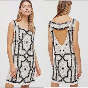 Free People Black & White Speak Easy Geometric Sequin Beaded Mini Dress Size 4